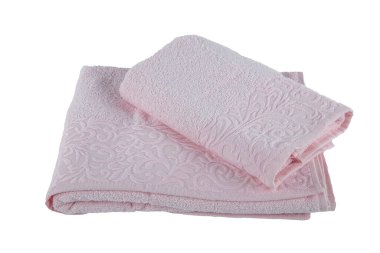 Folded Bath Towel Set and bath robe set. Bathrobe and slippers isolated on white.