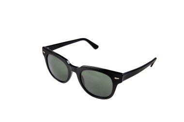 Sunglasses with tinted thick square horn frame, matte tinted lenses and thick rimmed sunglasses isolated on white background. Side view.