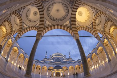 Istanbul, Turkey - 27 december 2023: Inside interior and dome of Camlica Mosque. The new mosque and the biggest in Istanbul. Located on the beautiful Buyuk Camlica Tepesi hill.