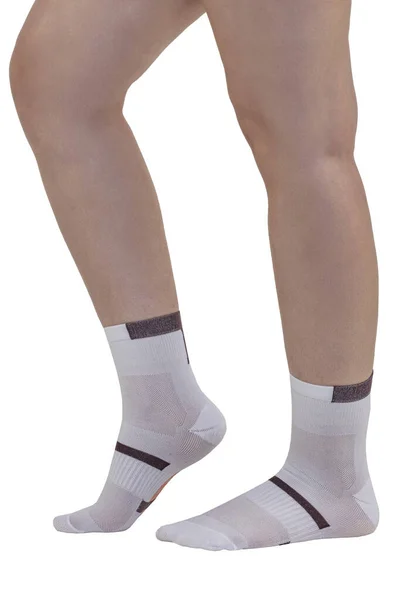 Női Modell Zoknit Visel Zoknit Viselő Női Láb Fehér Alapon — Stock Fotó