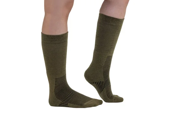 Kadın Model Çorap Giyiyor Çorap Giyen Kadın Bacakları Beyaz Arka — Stok fotoğraf
