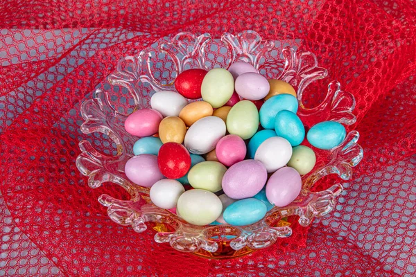 Almond Candies Colorful Candies Glass Bowl Served Tea Almond Sweets — Zdjęcie stockowe