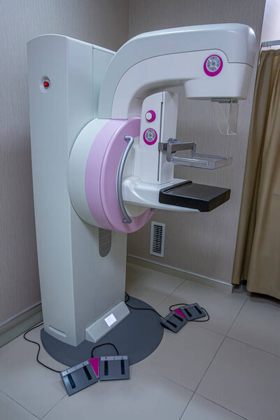 Mammography test at the hospital. Medical equipment. Mammography breast screening device in hospital laboratory. Health care, medical technology, hi-tech equipment concept.