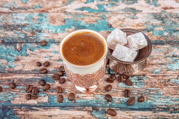 Türkischer Kaffee Kaffee Mit Kaffeebohnen Türkischer Kaffee Und Türkische Freude — Stockfoto
