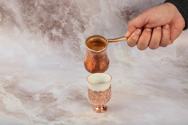 stock image Turkish coffee concept, coffee with coffee beans. Turkish coffee and Turkish delight in a copper cup.