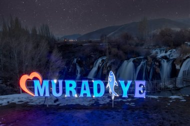 Van, Türkiye - 5 Mart 2023; Muradiye Şelalesi, Muradiye Bölgesi. Van, Türkiye. Kışın güzel şelale manzarası. Şelale Van Gölü yakınlarında doğal bir mucizedir..