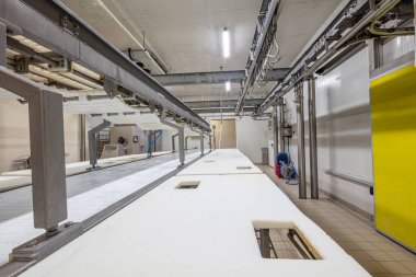 Et fabrikasındaki et işleme makineleri. Mezbahada et kesmek. Et işleme fabrikası. Sığırlar kesilip asıldı. Mezbahada, et endüstrisinde, Wagyu bifteğinde..