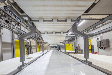 Et fabrikasındaki et işleme makineleri. Mezbahada et kesmek. Et işleme fabrikası. Sığırlar kesilip asıldı. Mezbahada, et endüstrisinde, Wagyu bifteğinde..