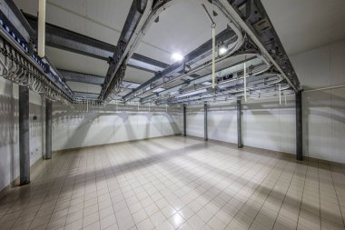 Et fabrikasındaki et işleme makineleri. Mezbahada et kesmek. Et işleme fabrikası. Sığırlar kesilip asıldı. Mezbahada, et endüstrisinde, Wagyu bifteğinde..