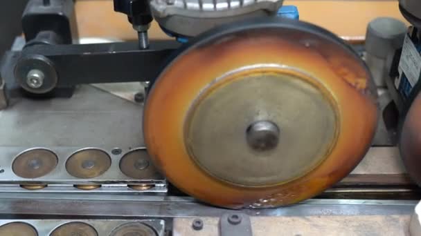 Deri Kemer Fabrikası Özel Deri Sanatları Atölyesindeki Dikiş Makinesinde Çalışan — Stok video