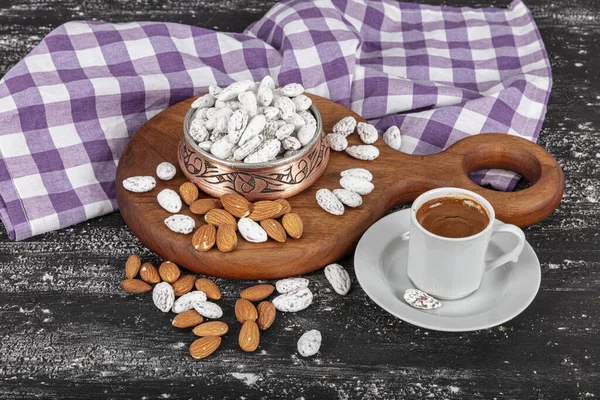 Multi colored sugared almonds. Turkish Badem Sekeri, almond, top view of almond candy.  Sugar Feast, (Feast of Ramadan) Ramadan concepts.