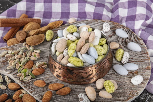 Multi colored sugared almonds. Turkish Badem Sekeri, almond, top view of almond candy.  Sugar Feast, (Feast of Ramadan) Ramadan concepts.