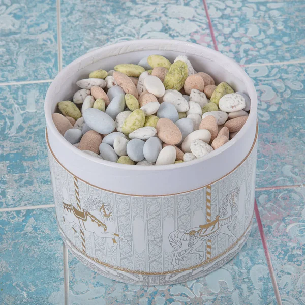 Almond candy Gift box. Almond candy , round box. A gift for a loved one, colleague, neighbor. Healthy snack.