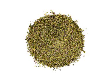 Şam fıstığı doğranmış fındık konsepti. Toprak, Değirmen, Ezilmiş veya Granulated Pistachio Tozu.