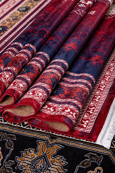 Carpet details, colorful rug floor, lines, Stylish carpet with pattern on floor in room. Turkish carpet details in various colors and patterns.