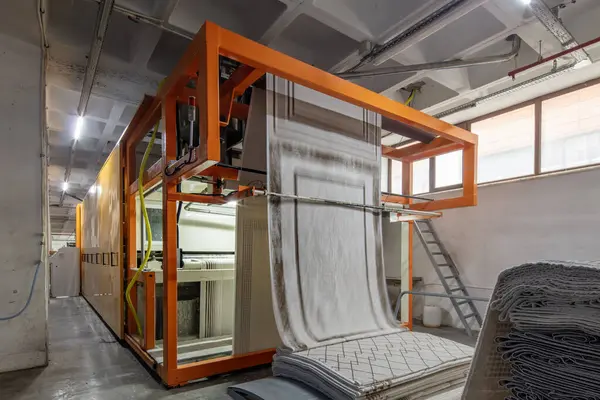 Halı fabrikası için sentetik iplikler, halı üretimi, dokuma tezgahları. Halı Sallama Bütünleşik Makinesi Halı Dokuma Fabrikasında.