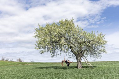 Armut ağacında sallanan genç bir kız. Mutlu bir kadının dışarıda sallandığı tahta bir salıncak. Salıncakta sallanmak, uçmayı hayal etmek. İlkbahar ve yaz aylarında doğada seyahat edin. Sağlıklı yaşam tarzı.