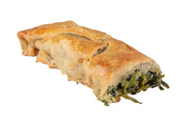 Susam tohumları, ıspanak ve peynir ile süslenmiş, fillo hamurundan yapılmış lezzetli bir pasta. Geleneksel Türk Pastası ıspanaklı börek. Türkçe adı: Ispanakli Borek.