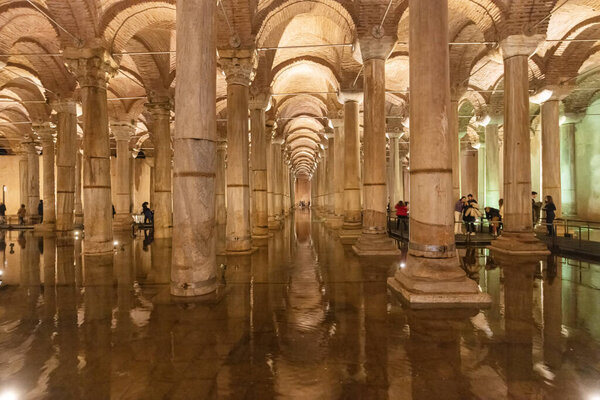 Turkey;Istanbul;2024 March 21; The Basilica Cistern - underground water reservoir build by Emperor Justinianus in 6th century, Istanbul, Turkey. The Basilica Cistern, (Yerebatan), Istanbul, Turkey.