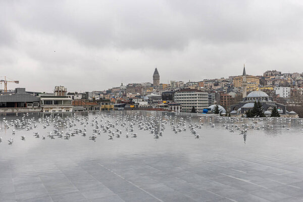 Bosphorus view from the terrace of the Istanbul Museum of Modern Art. Galata view from terrace of Istanbul Modern Art Museum with seagulls in the reflection pool.