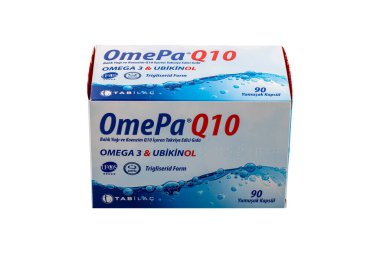 Istanbul Turkey 27 April 2024; OmePa Q10 triglyceride form Fish oil Box of 90 capsules. It is a supplement drug released by the Tabilac company. clipart