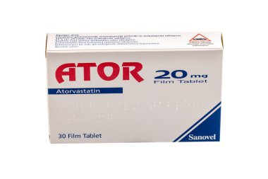 Istanbul Turkey 27 April 2024; ATOR 20 mg tablet pill developed by Sanovel company. Atorvastatin calcium tablets Treat high cholesterol. It reduces the risk of stroke and heart attack. clipart