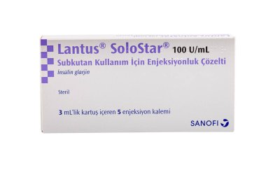 İstanbul Türkiye 27 Nisan 2024; LANTUS SOLOSTAR 100 U ml enjektör kalem 3 ml kartuş içerir. Uzun süre etkili olan insülin parıltısını içeren ilaçlar. Sanofi tarafından üretilen insülin..