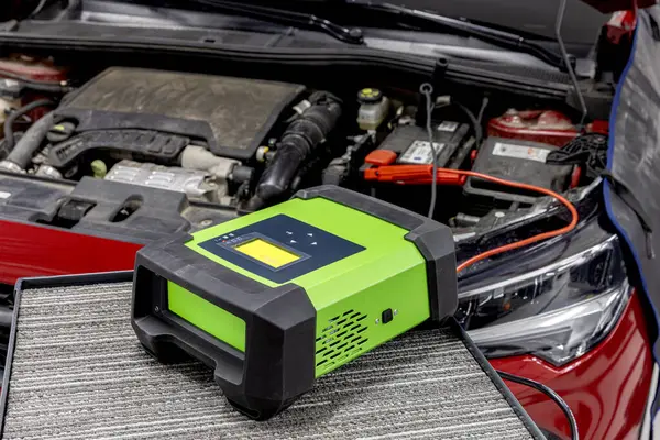 stock image To charge faulty car electrical power for starting, energy to the battery or dead battery. Add equipment tool such as portable charger, positive negative clamp, red black cable wire.