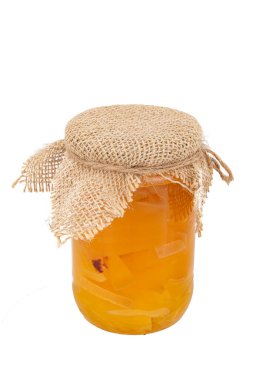 Çıtır Balkabağı Reçeli. Beyaz arka planda bal kabağı reçeli kavanozu.