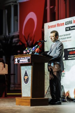 Istanbul Turkey 16 July 2024; Istanbul Metropolitan Municipality Mayor Ekrem mamoglu gives a speech at the Istanbul Halkali Ashura mourning commemoration meeting. 