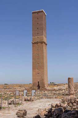 Harran 'daki Ulu Cami (Büyük Cami) harabeleri. Eskiden minare ve gözlemevi olarak kullanılan uzun, bağımsız bir kule. Harran, Sanliurfa yakınlarında bir turizm beldesi.