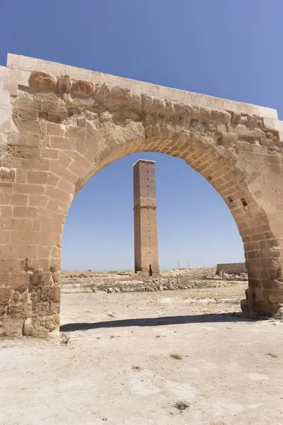 stock image The ruins of the Ulu Cami (Great Mosque) in Harran. A tall, freestanding tower that was formerly used as a minaret and observatory. Harran is a tourist destination near Sanliurfa, Turkey.