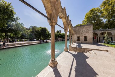 Şanlıurfa, Türkiye 4 Ağustos 2024; Şanlıurfa, Türkiye 'de Balikligol (İngilizce Balık Gölü). Türkiye 'nin Urfa kentindeki tarihi İbrahim Havuzu veya Kutsal Balık Havuzu.