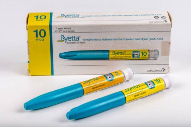 Istanbul, Turkey April 27, 2024; Byetta 10 mg Insulin group comes out of a drug for diabetics. Diabetes medications. Byetta 10 mg box. Diabetes disease. clipart