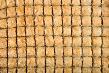 Geleneksel Türk tatlıları; el yapımı ceviz baklavası. Türkçe adı: cevizli baklava. Ahşap zemin üzerinde ceviz baklava. Türk tarzı ceviz baklavası sunumu ve hizmeti.