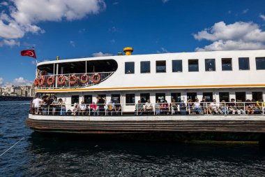 Istanbul Turkey 21 September 2025 ; Eminonu district in Istanbul with passenger ferry near the pier and human crowd, Istanbul. View of the Eminonu Pier Kadikoy. City of Istanbul, Turkey.