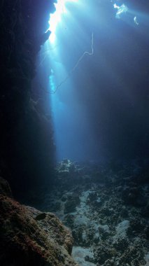 Sihirli güneş ışığı ve mağaranın içindeki kutsal kasenin sualtı fotoğrafı.