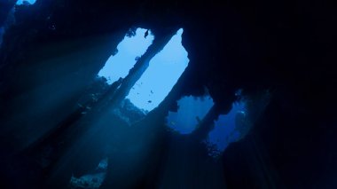 İkinci Dünya Savaşı 'ndan kalma ürkütücü USS Özgürlük gemisinin sualtı fotoğrafçılığı. Bali açıklarındaki bir tüplü dalıştan. Endonezya 'da. Asya.