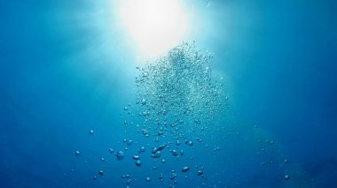 Hava kabarcıklarının su altında güneş ışığı ışınlarıyla yüzeye çıkışının sualtı fotoğrafı. Derin mavi okyanusta tüplü dalıştan.