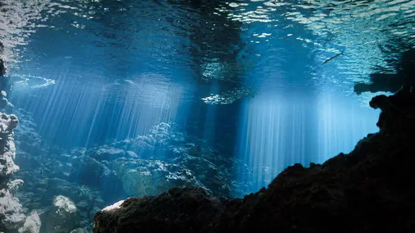 Rüya gibi ve ruhani bir ortamın sualtı fotoğrafı. Tayland 'daki mağara tüplü dalıştan.