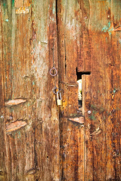 A very old door with a beautiful solid wood texture. A close-up view.