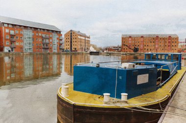 Tuval üzerinde suluboya boya resim. Gloucester Gloucestershire Büyük Britanya, Avrupa. Seyahat illüstrasyonu. Şehrin mimarisi..