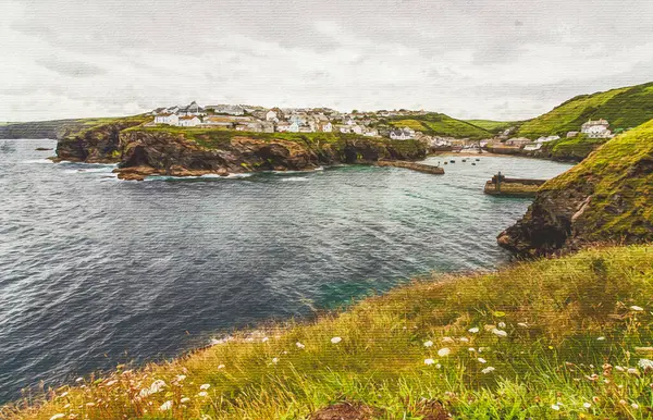 キャンバス上の水彩画 旅行イラスト ポート アイザックの風景 コーンウォール イギリス — ストック写真