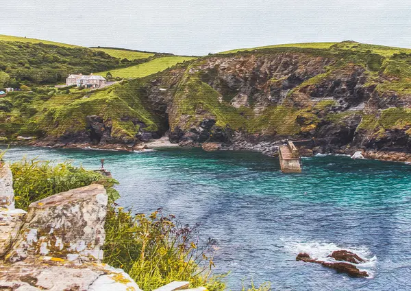 キャンバス上の水彩画 旅行イラスト ポート アイザックの風景 コーンウォール イギリス — ストック写真