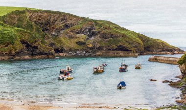 Tuval üzerinde suluboya boya resim. Seyahat illüstrasyonu. Duvar resmi. Port Isaac, Cornwall, İngiltere 'de manzara.