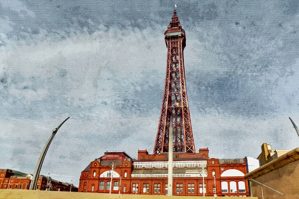 Pintura Acuarela Sobre Lienzo Blackpool Inglaterra Ilustración Viajes —  Fotos de Stock