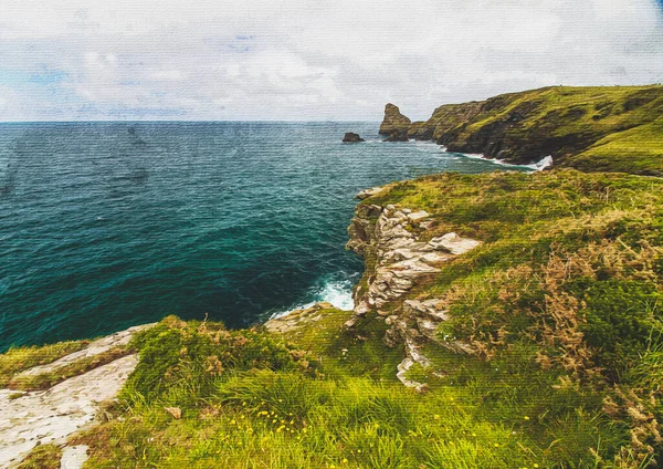 Aquarell Auf Leinwand Reiseillustration Schöne Landschaft North Cornwall Tim Und — Stockfoto