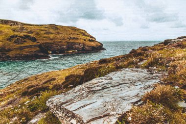 Tuval üzerinde suluboya boya resim. Seyahat illüstrasyonu. Kuzey Cornwall 'daki manzara çok güzel. Tintagel İngiltere.