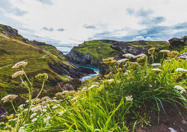 stock image Watercolor painting on canvas. Travel illustration. Beautiful landscape in North Cornwall. Tintagel England.