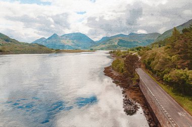 Tuval üzerinde suluboya boya resim. Seyahat illüstrasyonu. İskoçya, Büyük Britanya, Avrupa. Dağ manzarası .